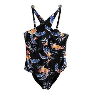 NWT Lysa UPF 50 Black/Blue Floral Built In Bra One-Piece Swimsuit Size 3X (26W)
